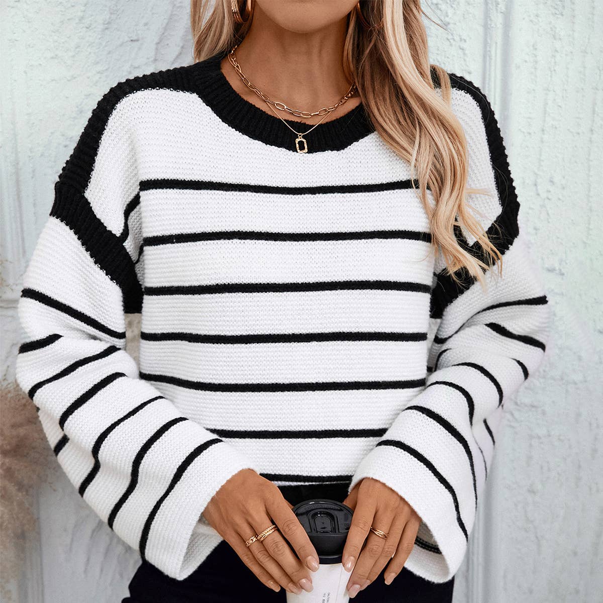 STRIPED PULLOVER LONG-SLEEVED CREW-NECK SWEATER