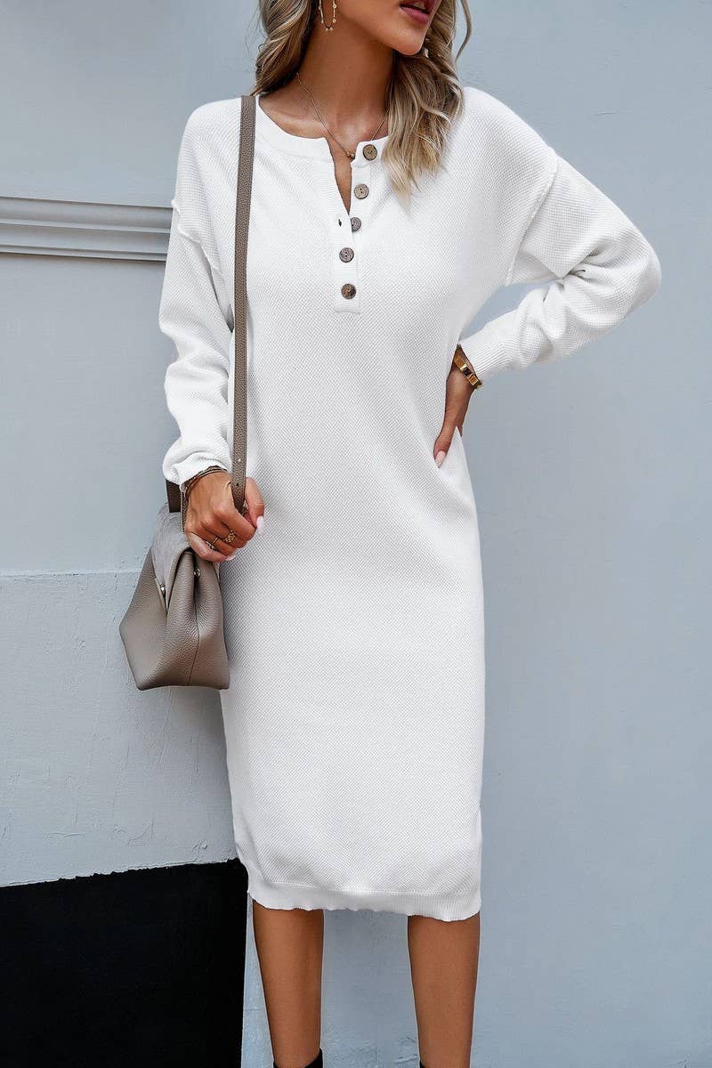 WOMENS CASUAL ROUND NECK BUTTON UP SWEATER DRESS_CWDMD0708
