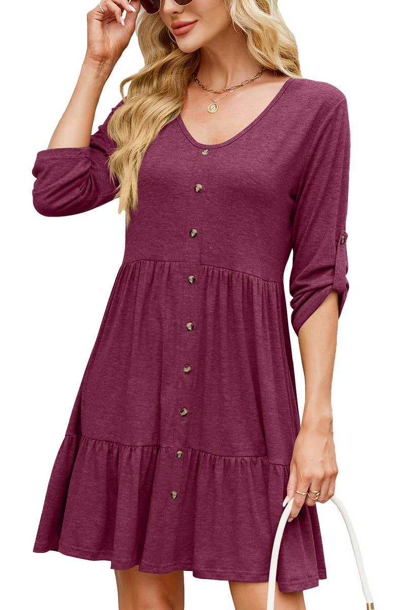 CWDSD7423_SUMMER SOLID COLOR ROUND NECK BUTTON SLEEVE DRESS
