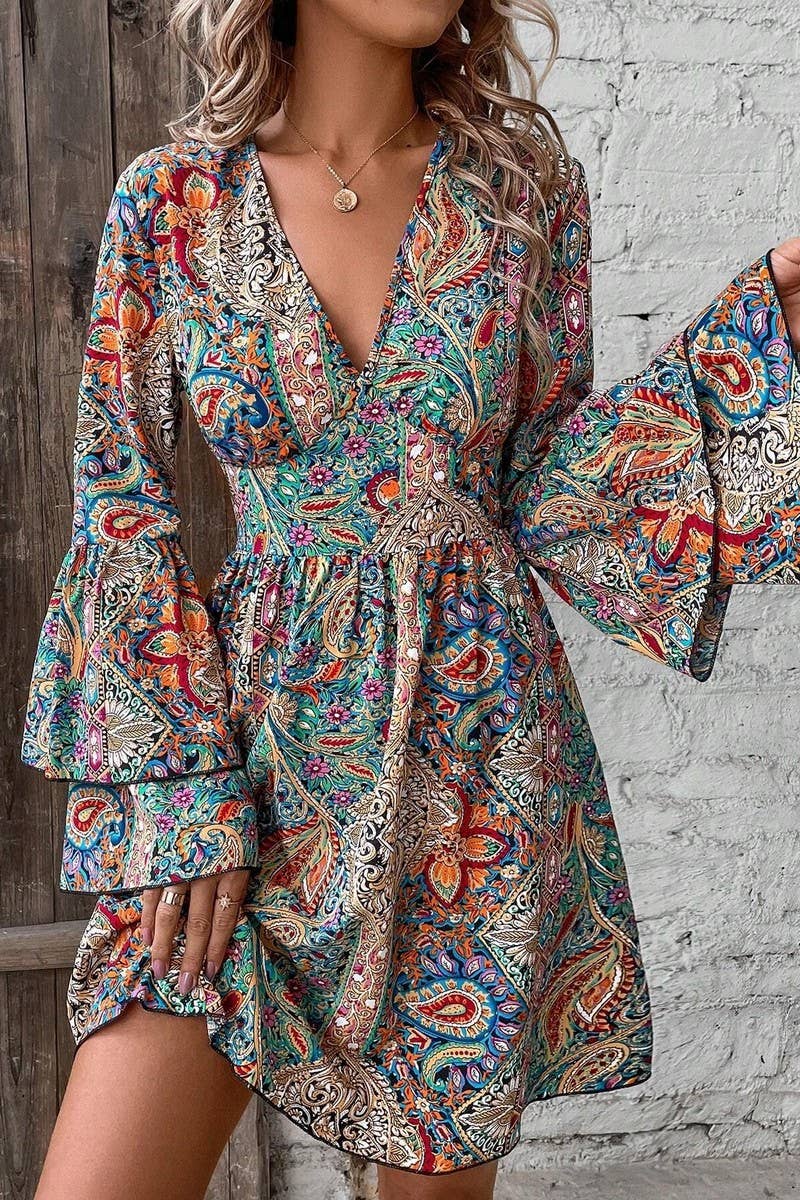 CWDSD6860_FLORAL PRINT V NECK BELL SLEEVE DRESS