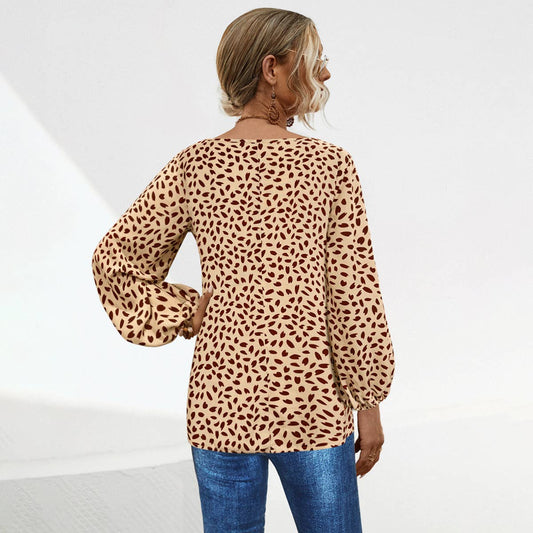 V-NECK LANTERN SLEEVE HEART PRINT CASUAL TOP