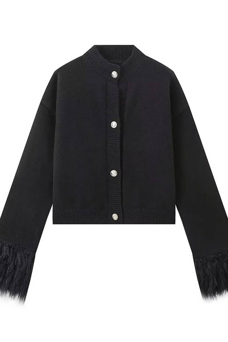CWOCAL2196_FUR CUFFS CARDIGAN KNITTED SWEATER COAT