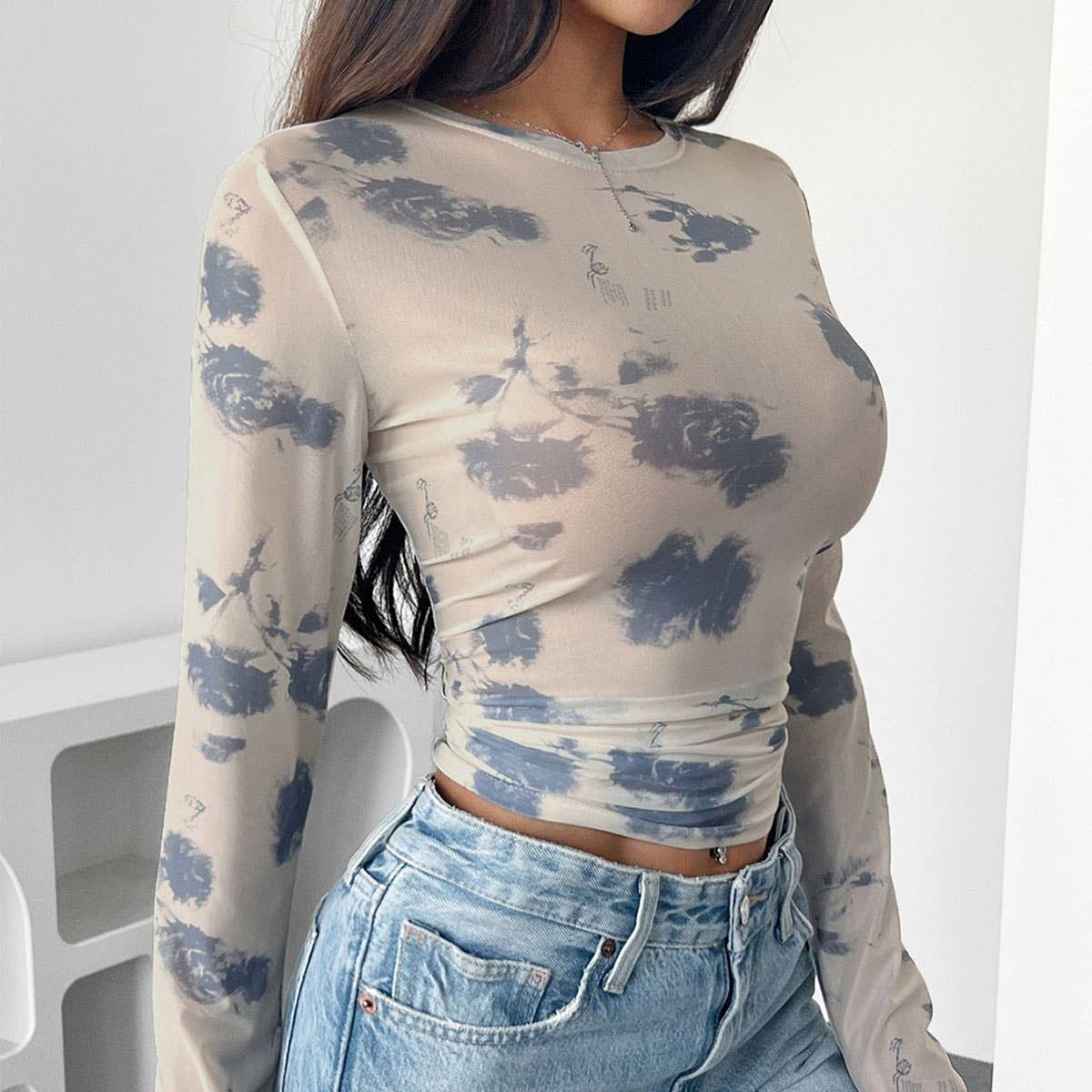 FLORAL PRINT MESH LONG-SLEEVE FITTED CROP TOP