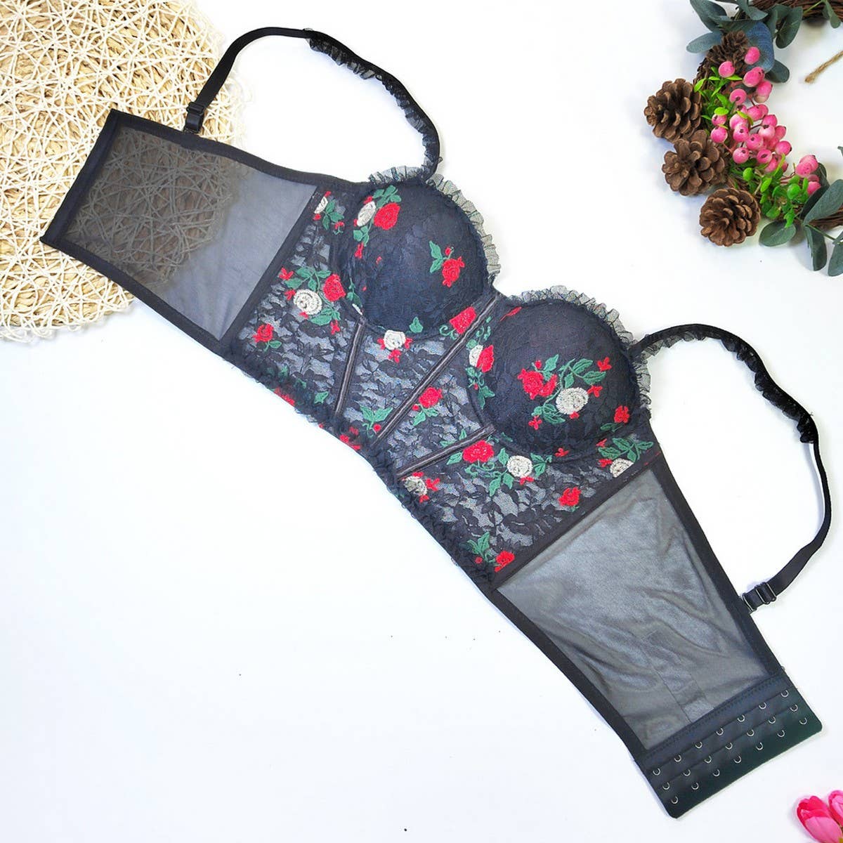 LACE FLORAL EMBROIDERY HERRINGBONE CORSET