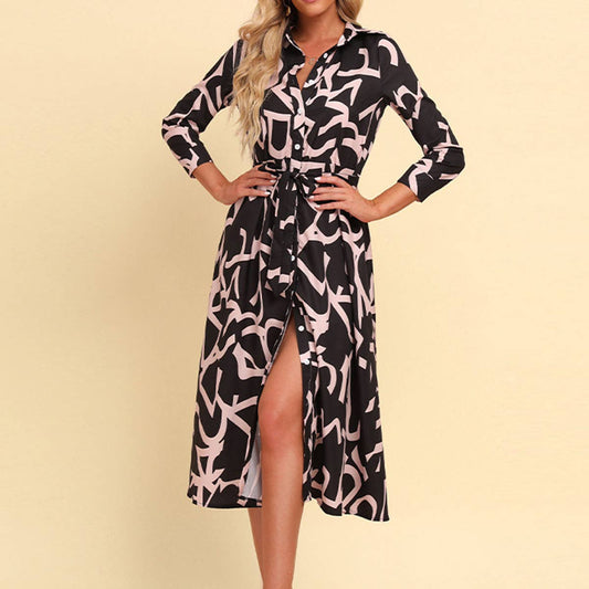 Lapel print waist slimming casual popular dress