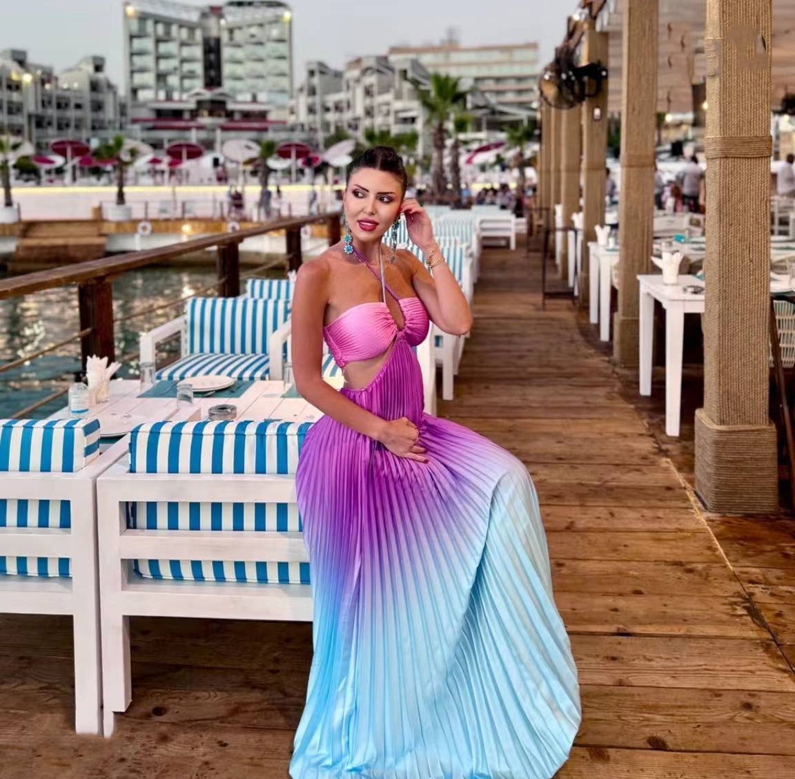 Gradient Halter Pleated Beach Vacation Dress