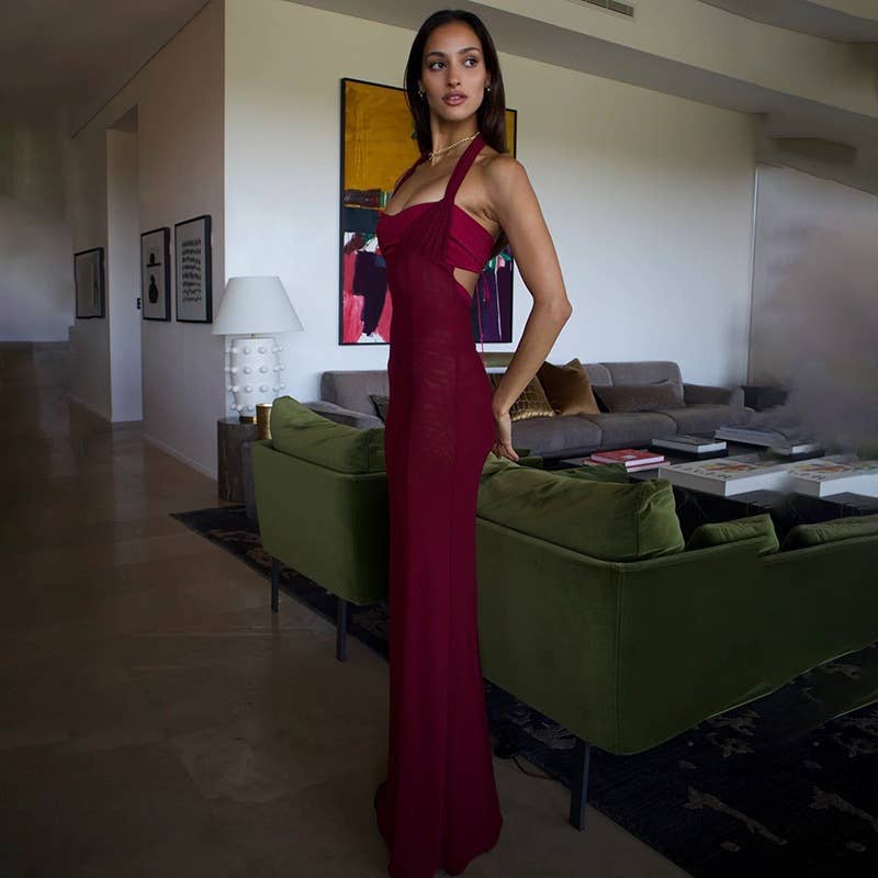 Long backless, cinched waist and neckline dress