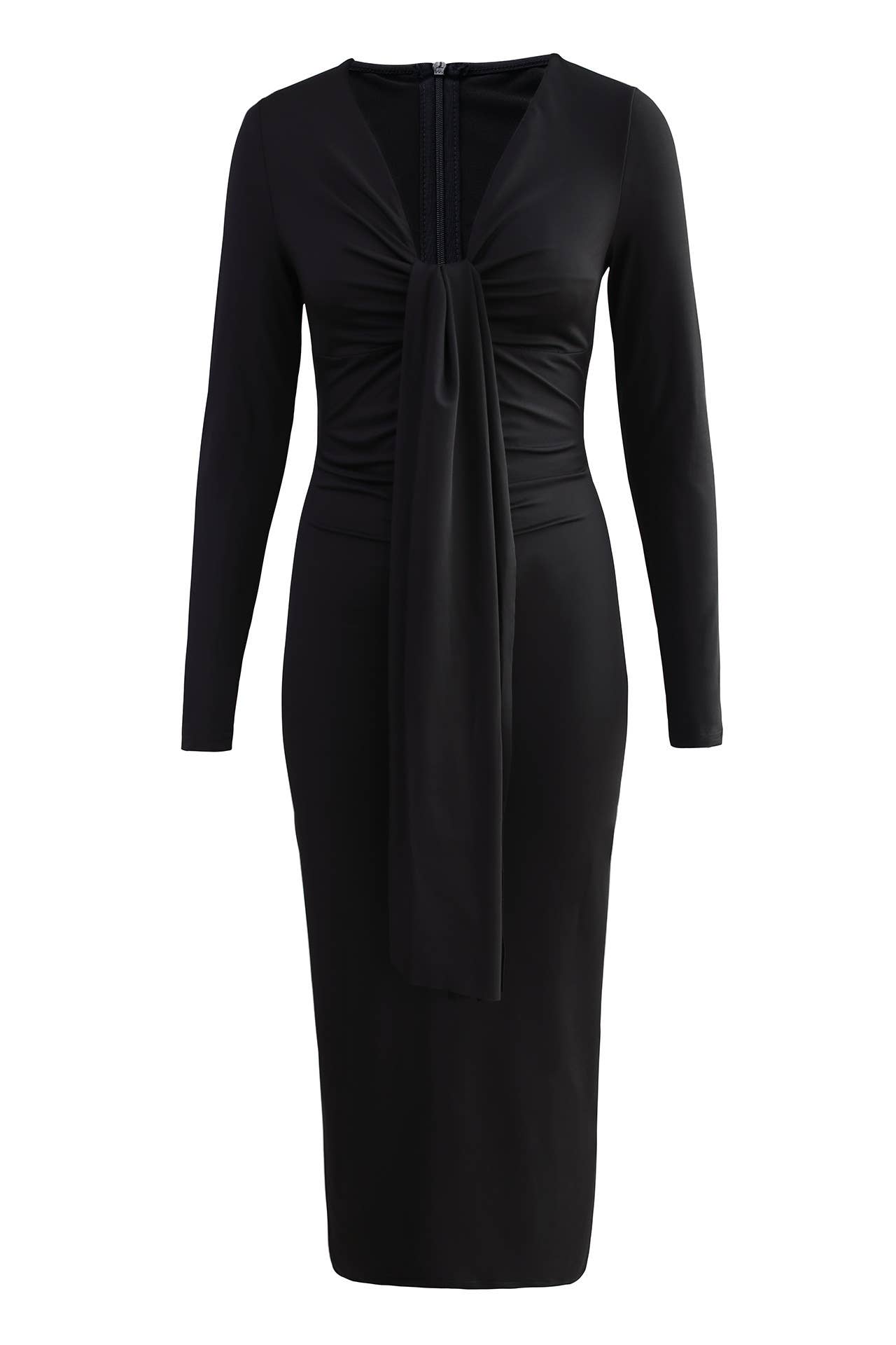 LONG SLEEVE V-NECK WAIST PLEATED LONG DRESS