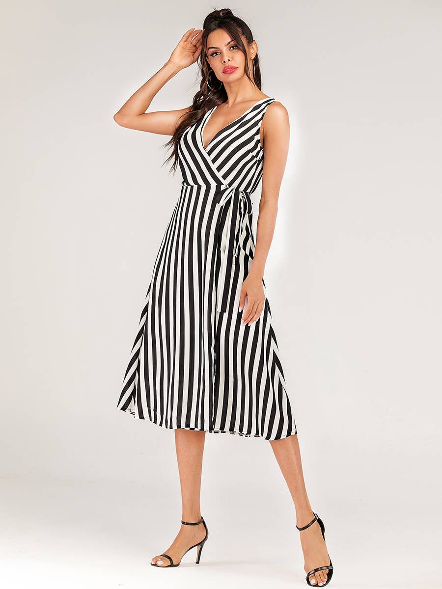 Striped sleeveless dress with lace-up V-neck