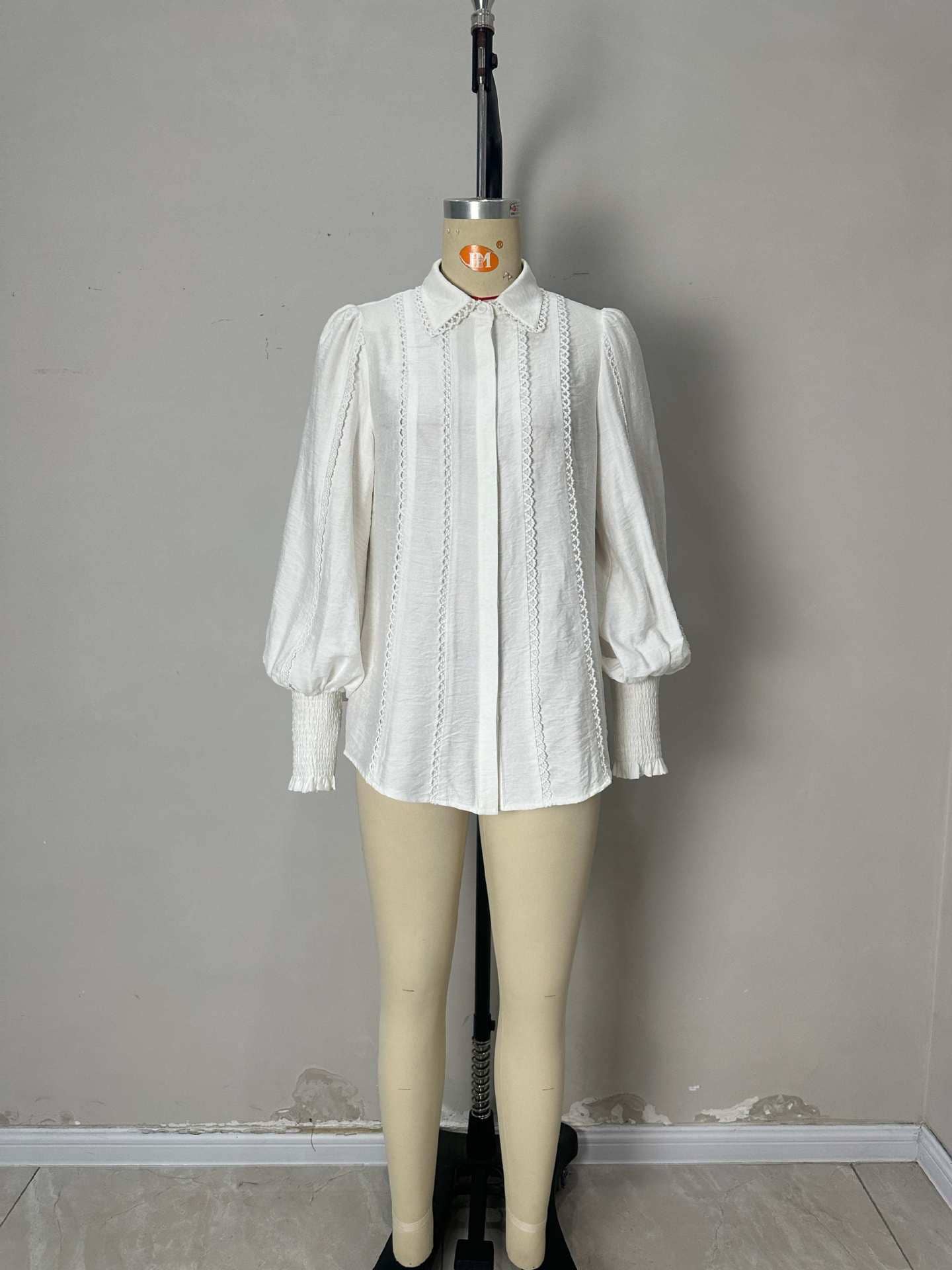 Lantern sleeve fabric lace trim fashion shirt