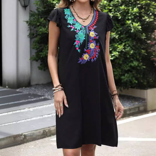 STYLISH CASUAL V-NECK EMBROIDERED DRESS