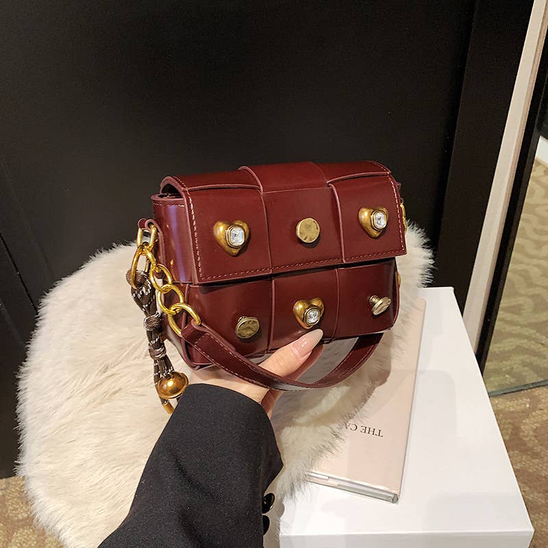 Fashionable spliced crossbody riveted square bag