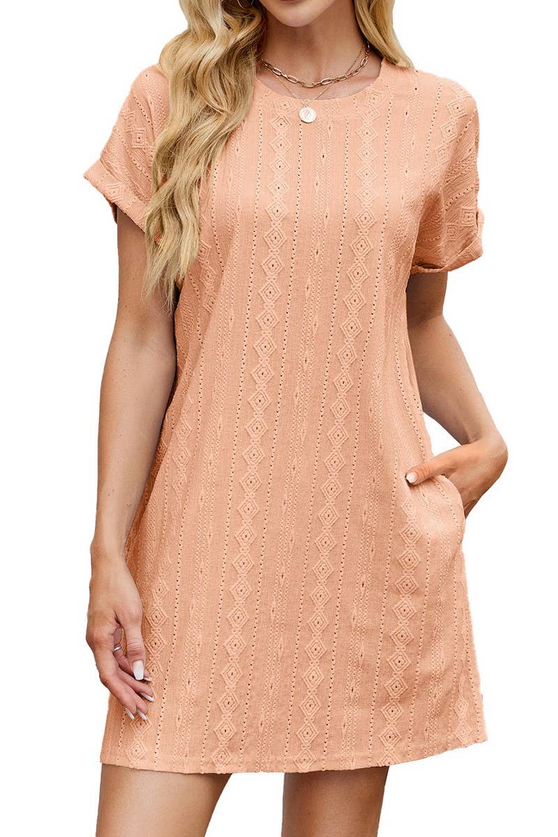 CWDSD7438_SUMMER SOLID COLOR LOOSE SHORT SLEEVE POCKET DRESS