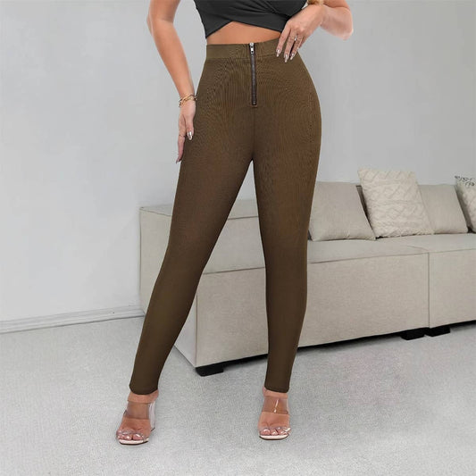 Stylish elastic-waistband zipper tight knit pants