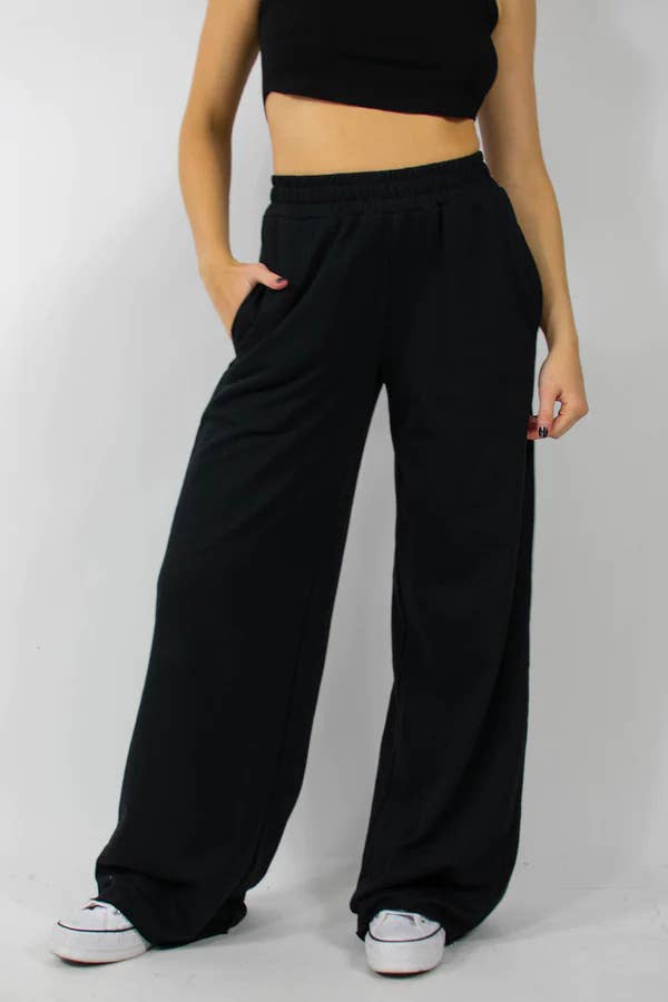 Simple stretched-waist straight-leg casual pants