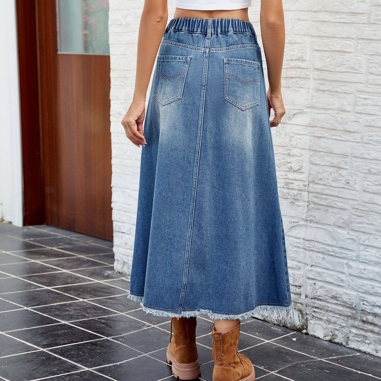 WASHED DENIM SKIRT WITH RAW HEM MIDI