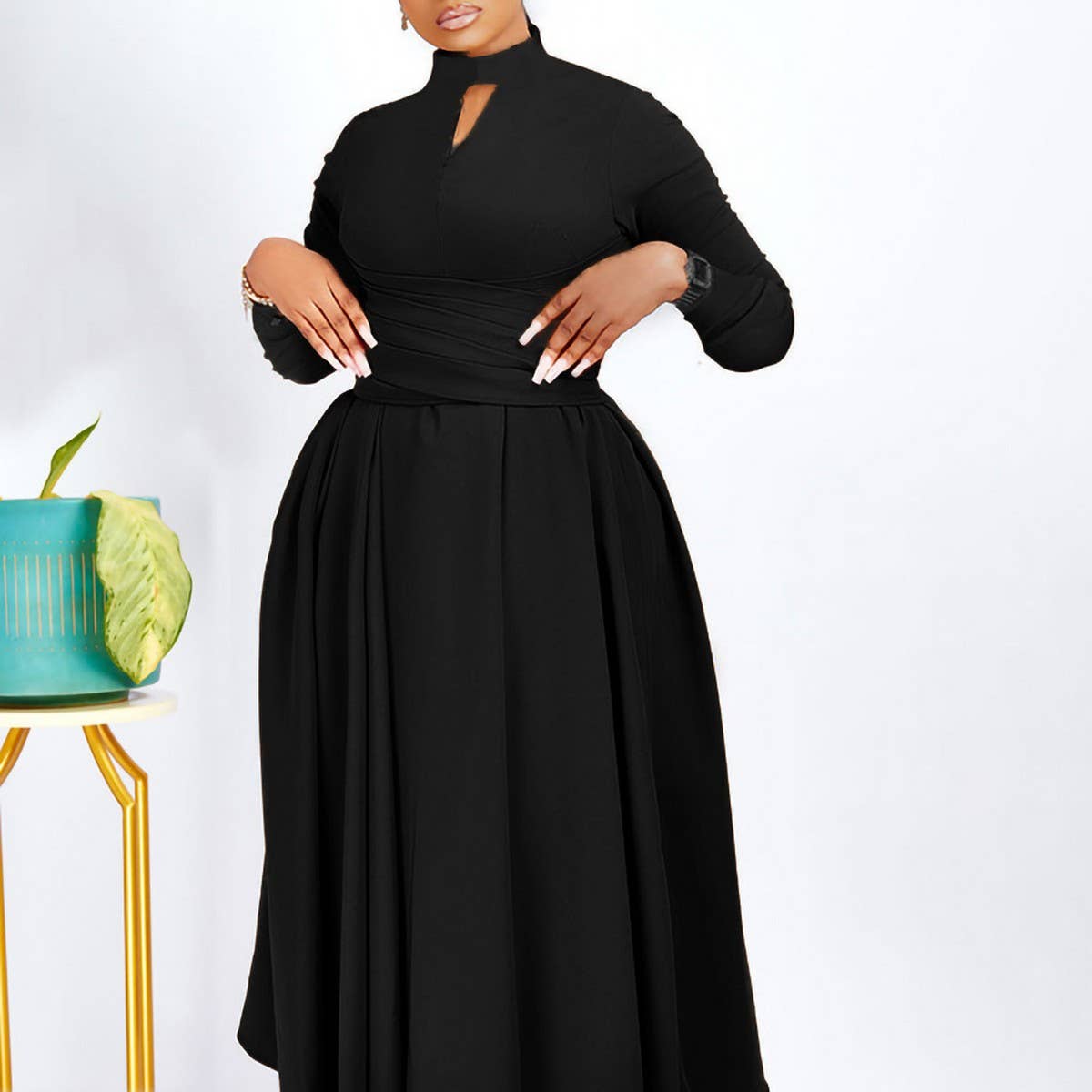 FASHIONABLE PLEATED PLUS SIZE SWING SKIRT DRESS