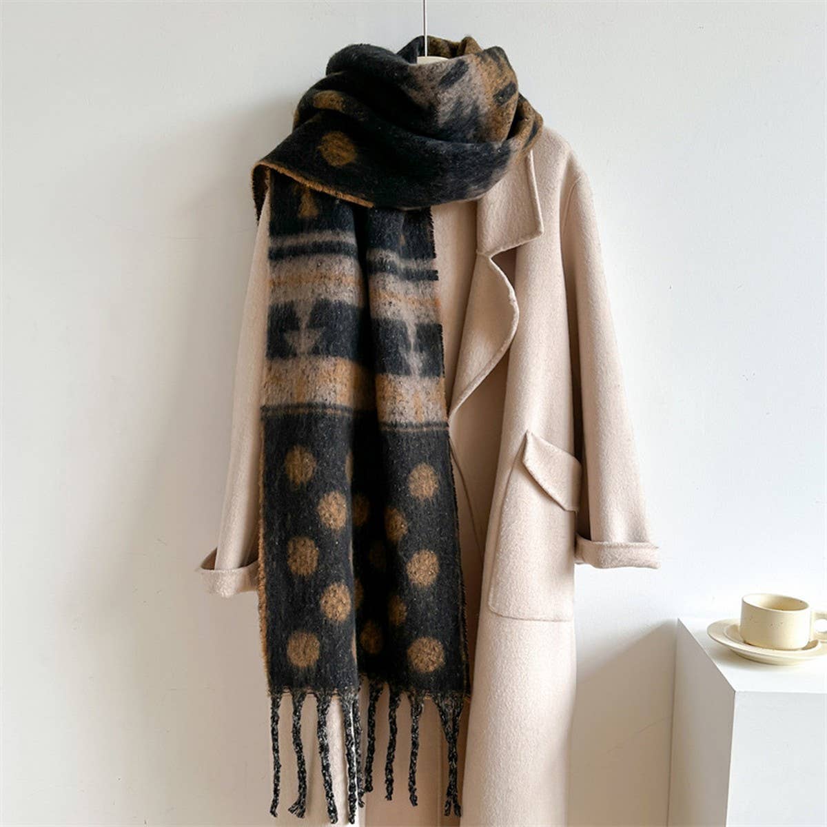 Woolen Scarf, Long & Thick, Polka Dot Fringe Shawl_CWASC0987