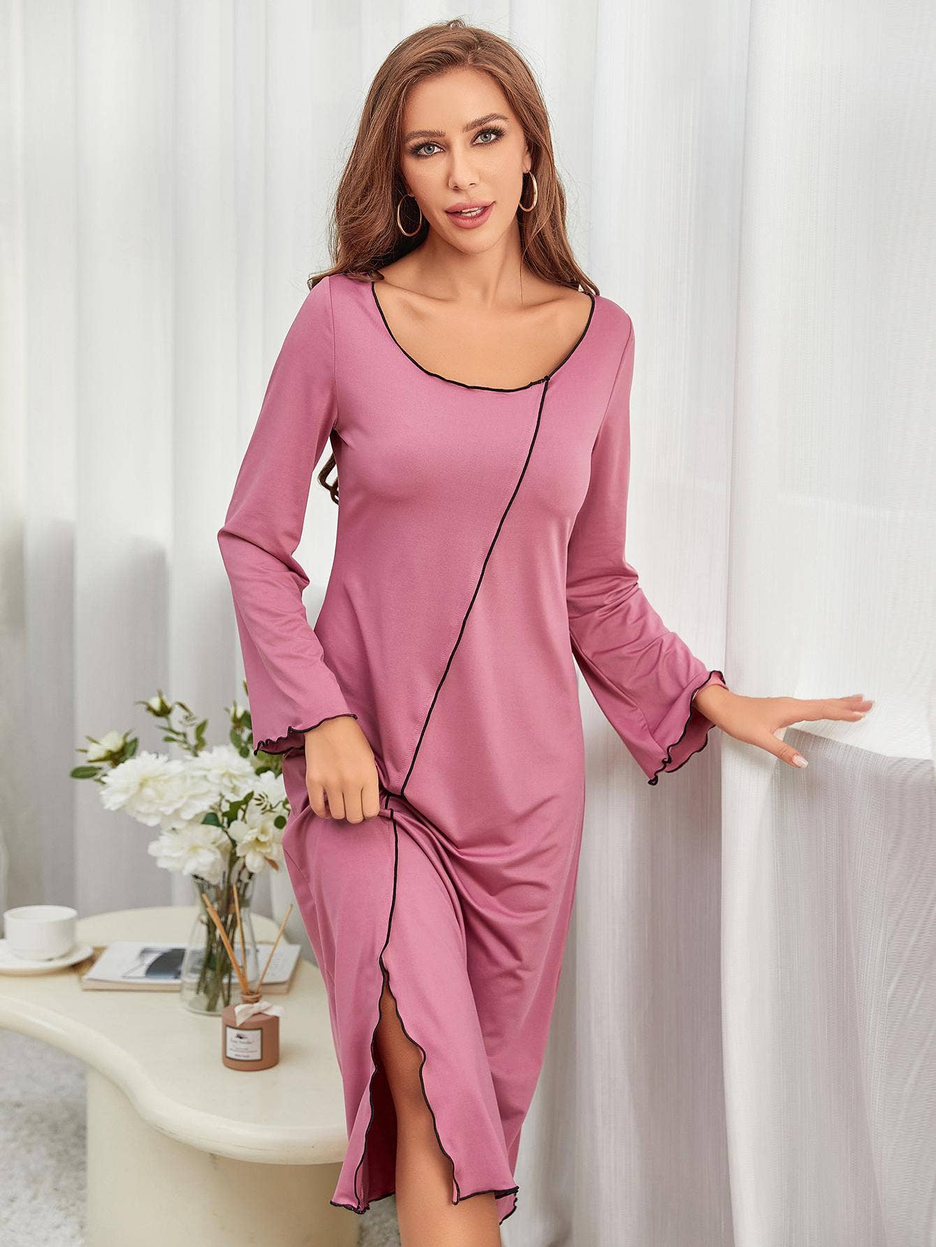 LONG STRIPED SLIT WOMEN'S PAJAMAS NIGHTDRESS