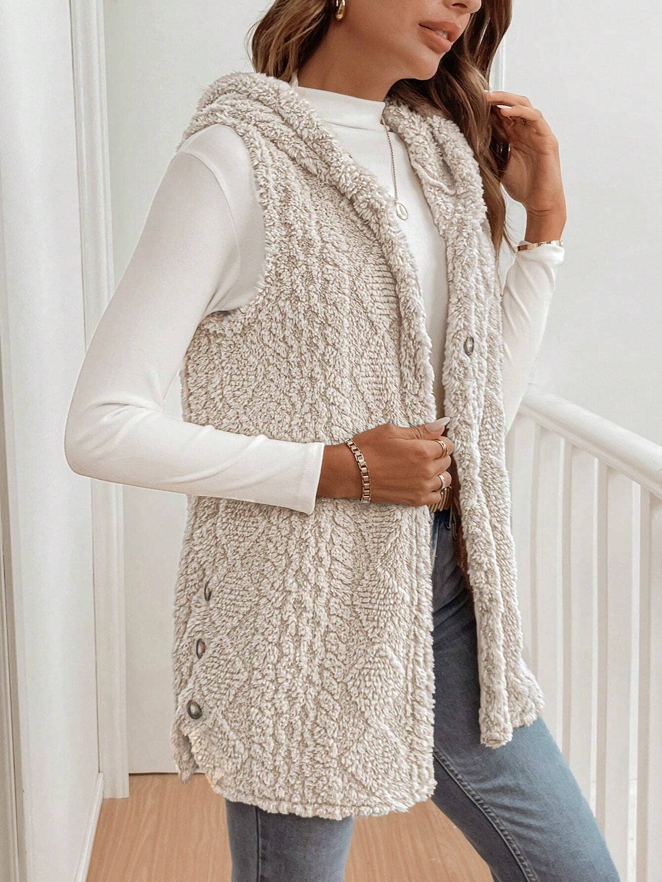 Double-sided plush casual hooded cardigan