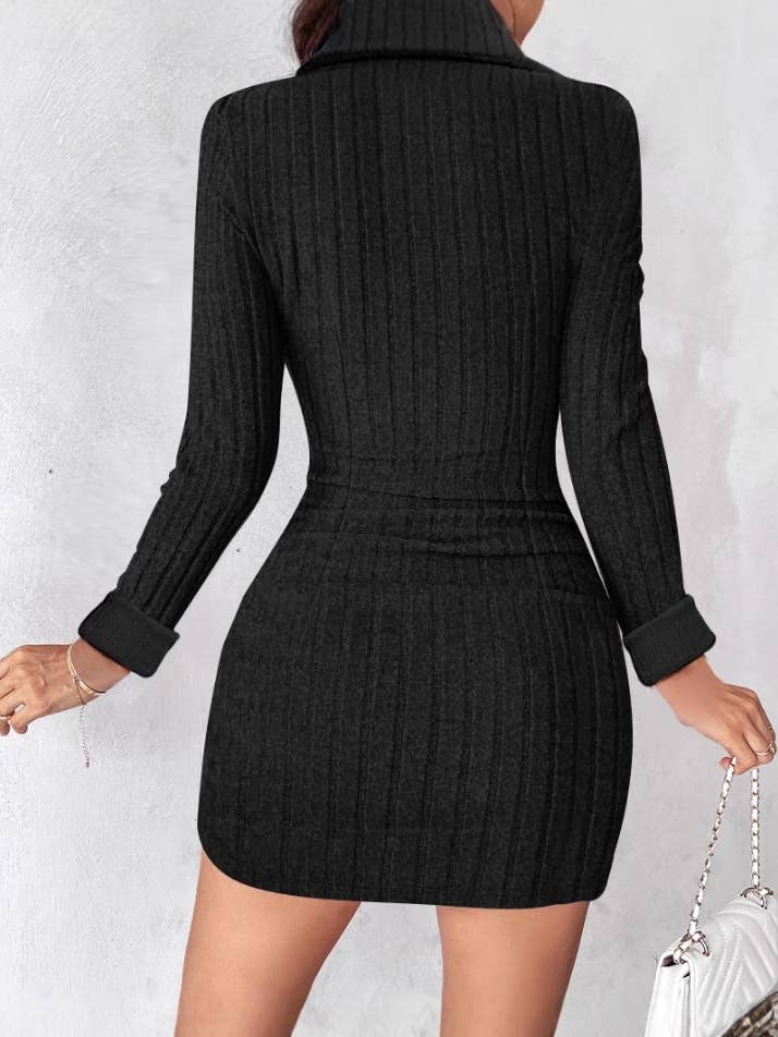 Solid color V-neck tight wrap hip slim-fit dress