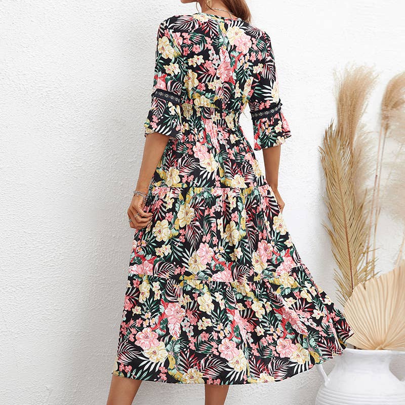 LONG V-NECK DRESS WITH SEVEN-POINT SLEEVES