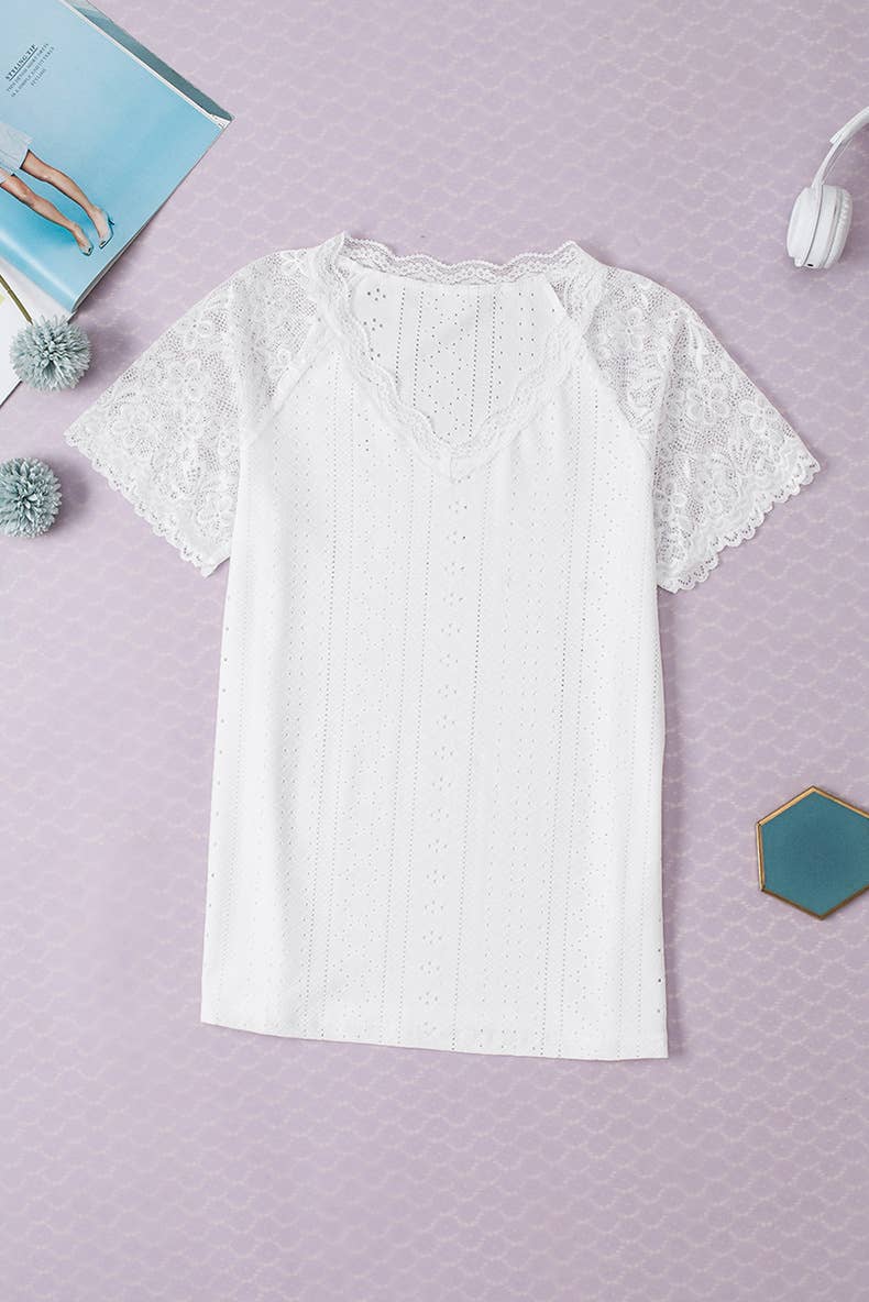 Lace patchwork V-neck short-sleeved T-shirt