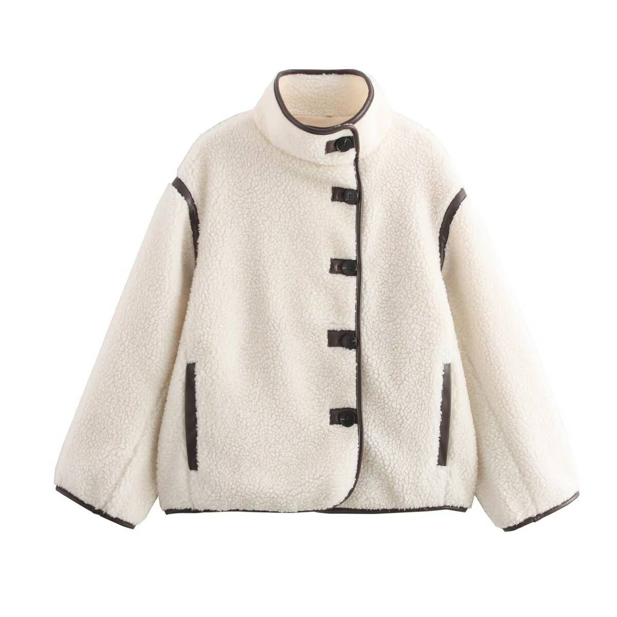 Stand collar contrast color button warm jacket