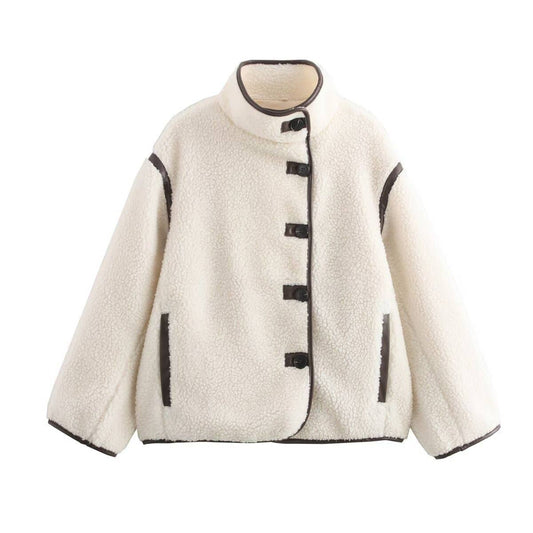 Stand collar contrast color button warm jacket