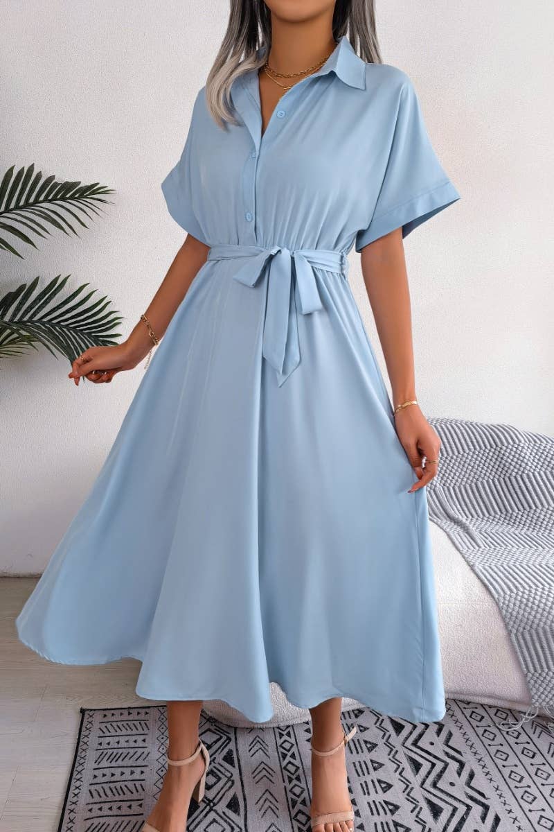 CWDMD2660_SUMMER CASUAL LOOSE LACE-UP SHIRT DRESS LONG