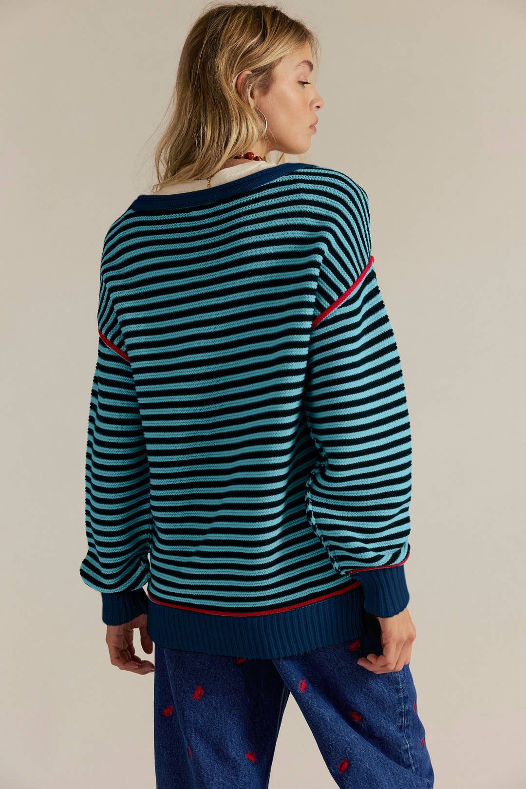 Striped round-neck loose long-sleeved sweater