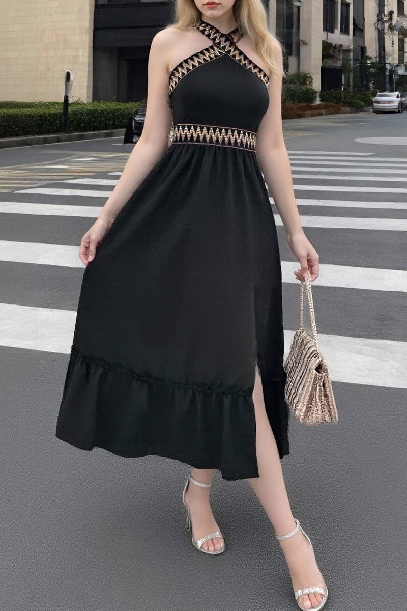 CWDHL1101_TEMPERAMENT LADY HIGH WAIST CROSS HALTER DRESS