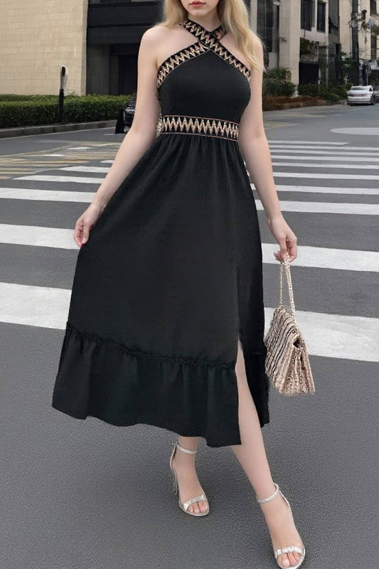 CWDHL1101_TEMPERAMENT LADY HIGH WAIST CROSS HALTER DRESS