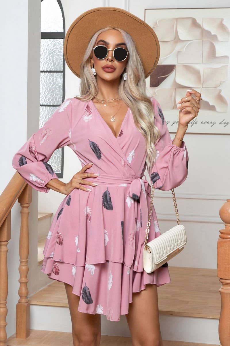CWDSD2921_FEATHER PRINT  HEM RUFFLED LACE-UP MINI DRESS