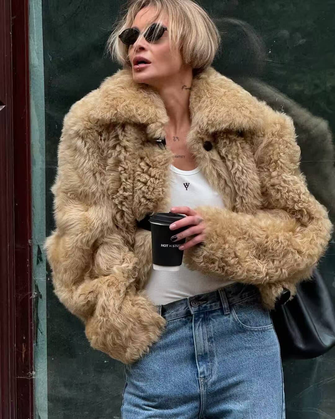 Lapel long-sleeved single-breasted faux fur coat