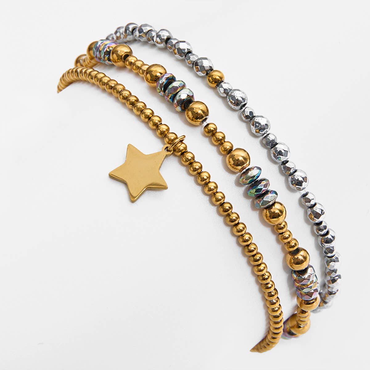 Punk Rock 18K Gold Black Silver Beaded Bracelet_CWAJE4810