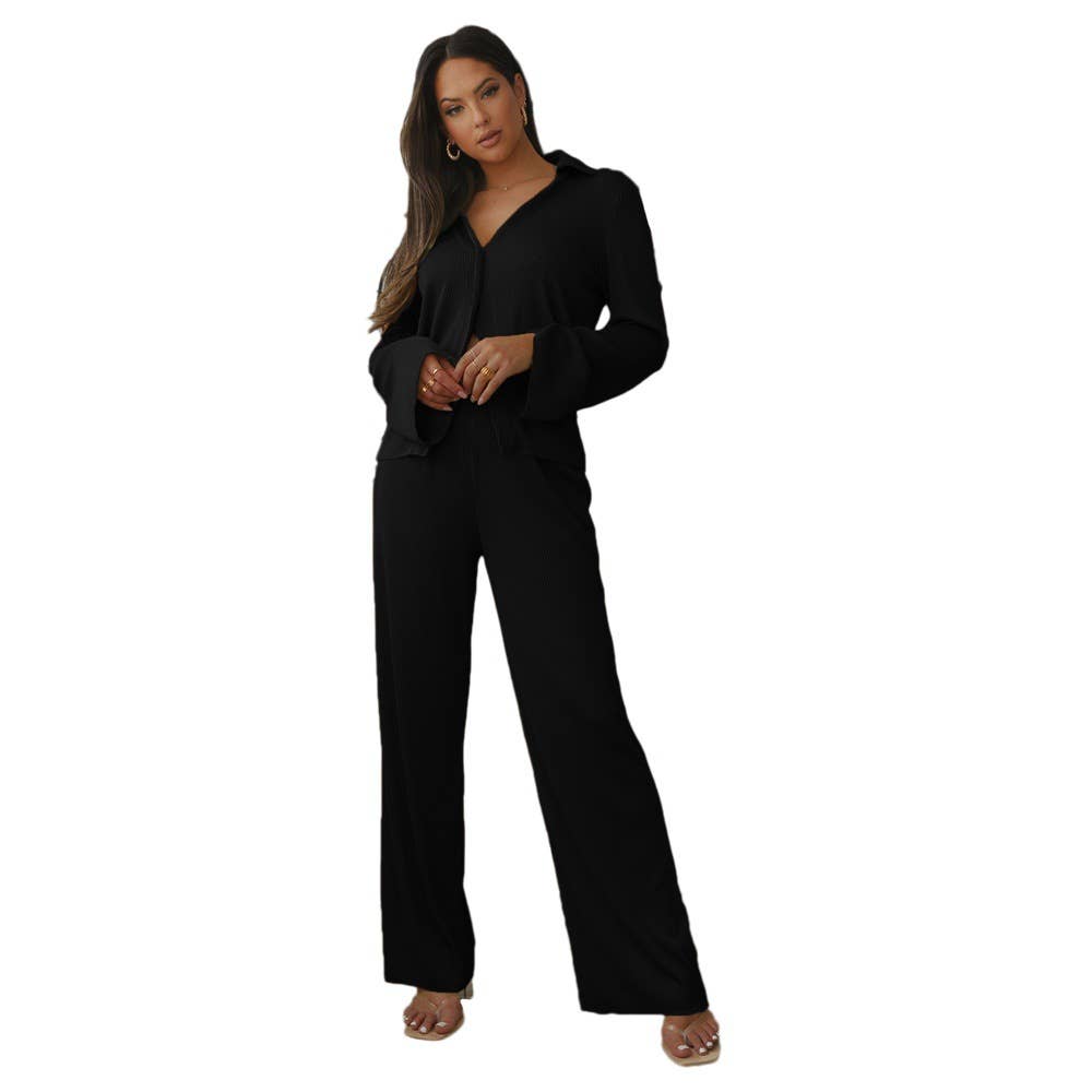 V-NECK KNIT SHIRT CASUAL STRAIGHT-LEG PAIR