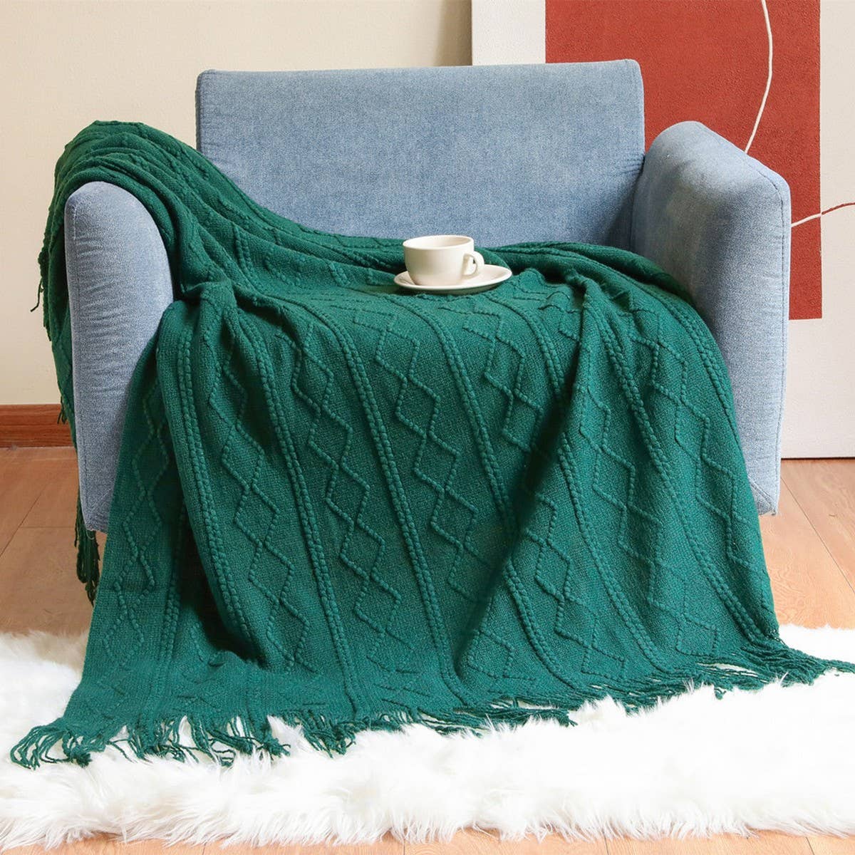 KNITTED WARM BLANKET WITH TASSELS