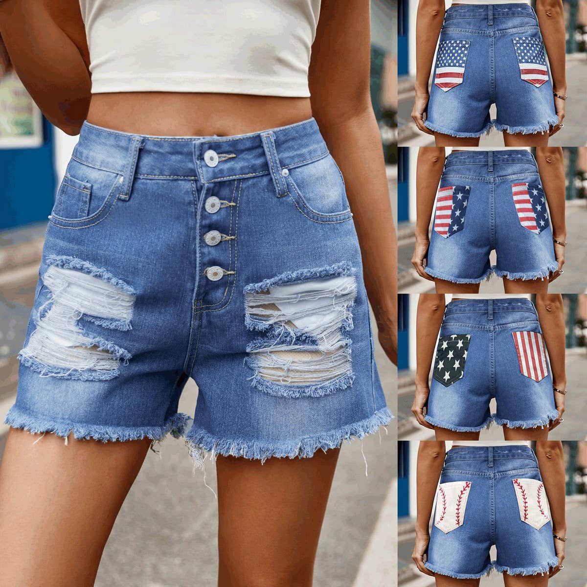 AMERICAN FLAG PRINT WASHED RIPPED DENIM SHORTS_CWJS0212