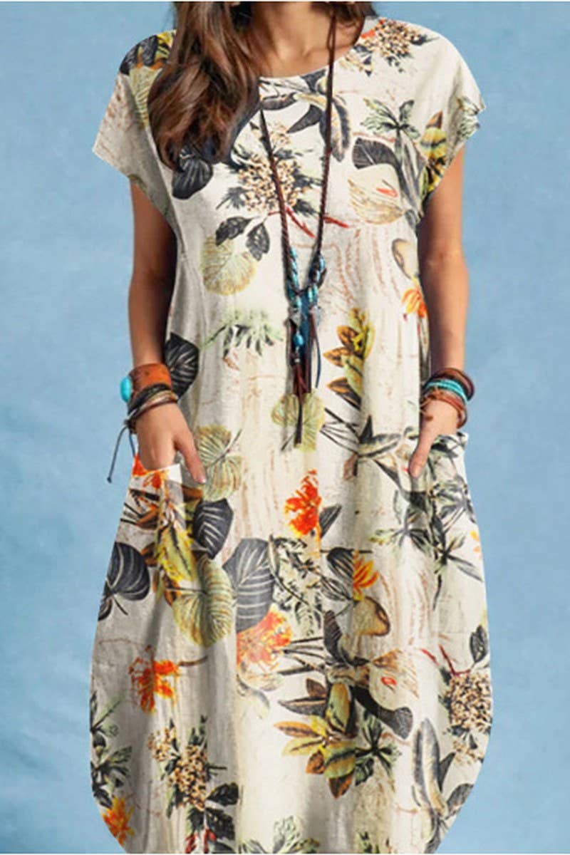 CWDSD8786_FASHION PLANT PRINT ROUND NECK POCKET CASUAL DRESS