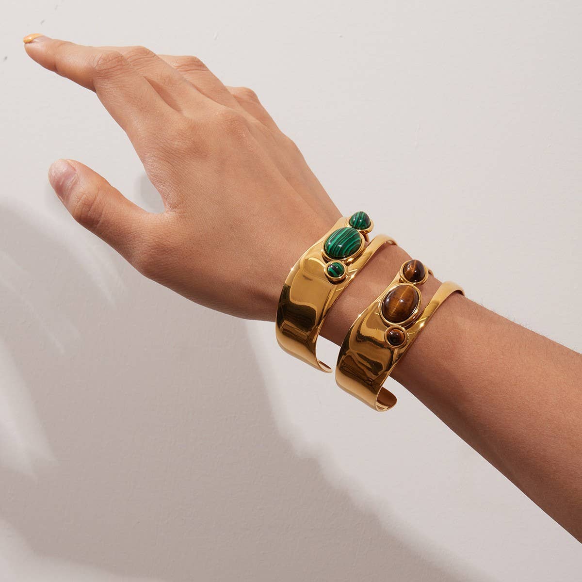 Hollow Pearl & Stone Open Cuff in Stainless Steel