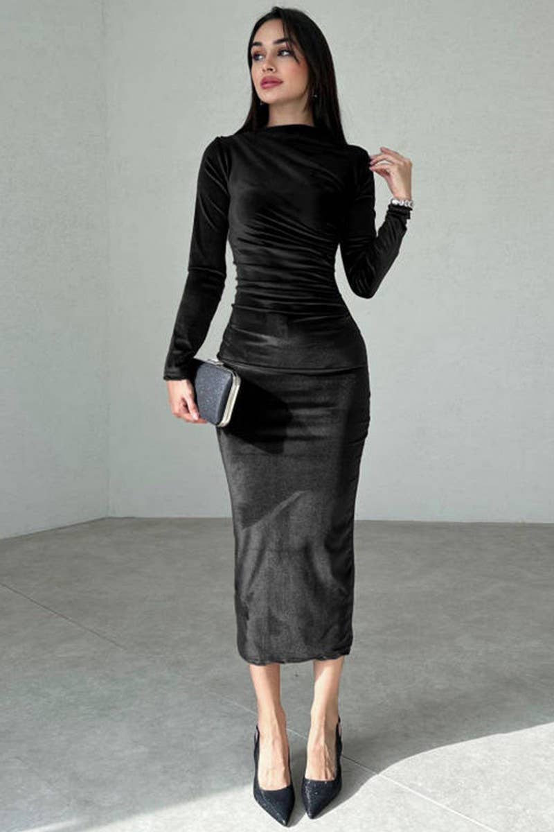 CWDMD4098_SLIM FIT PLEATED LONG SLEEVE TUXEDO DRESS