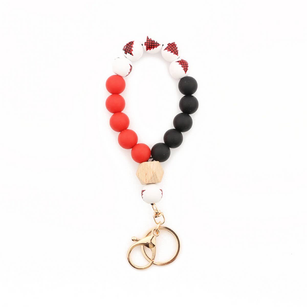 Christmas Wood Bead Bracelet with Silicone Keychain