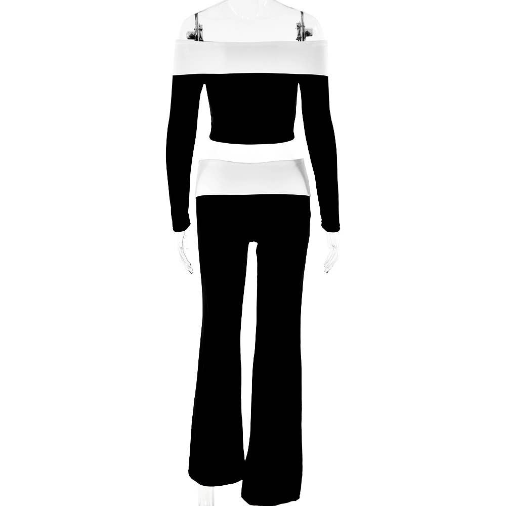 Off-the-shoulder top flared pants suit