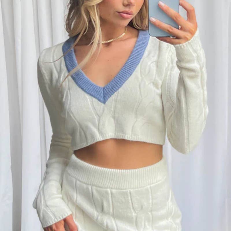 Knitted crop top sweater high waist skirt set