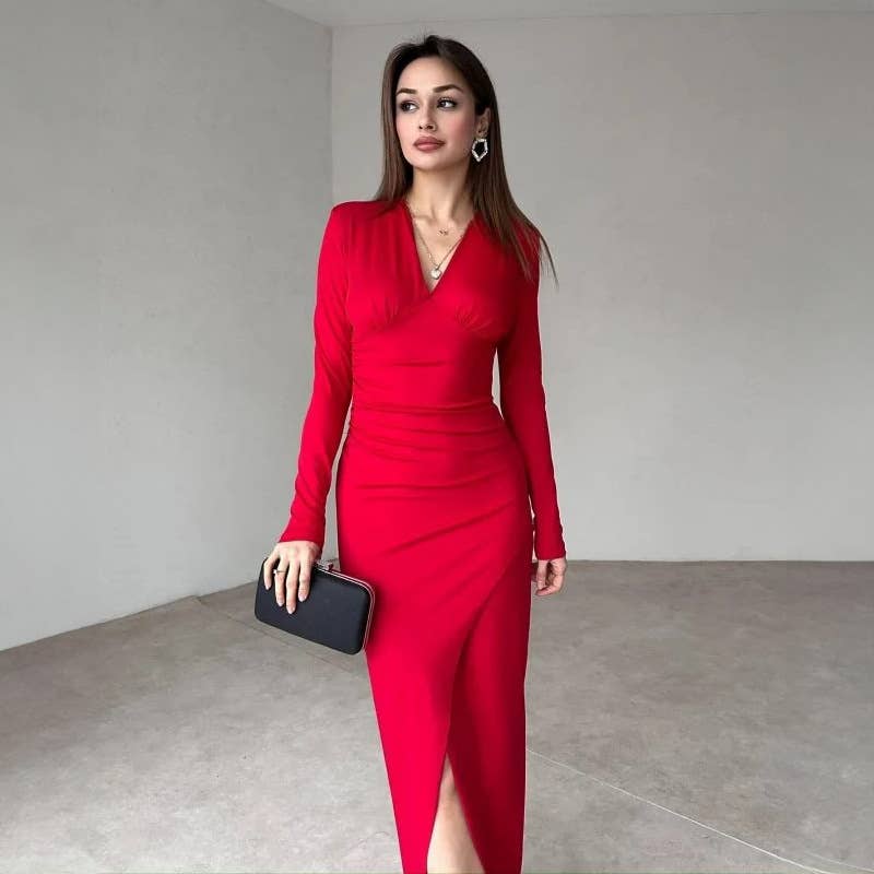 STYLISH V-NECK SLIM-FIT HIGH-WAISTED SLIT DRESS