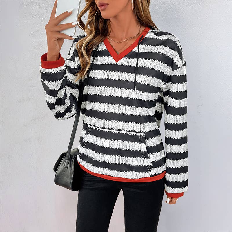 STRIPED SPLICED PULLOVER HOODED CASUAL HOODIE