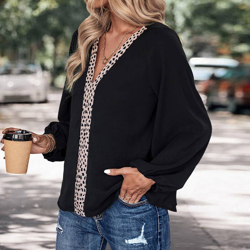 STYLISH LOOSE PATCHWORK V-NECK SHIRT
