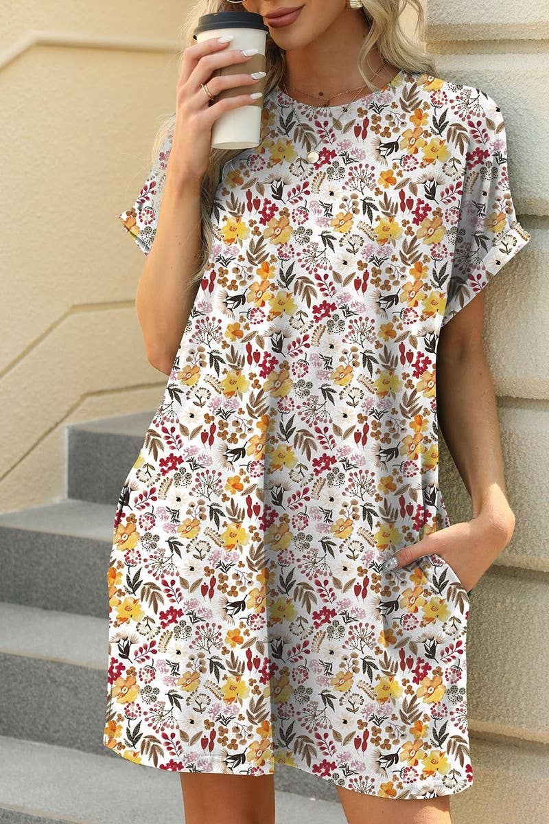 CWDSD7291_PRINTED CREW NECK SHORT SLEEVE POCKET DRESS