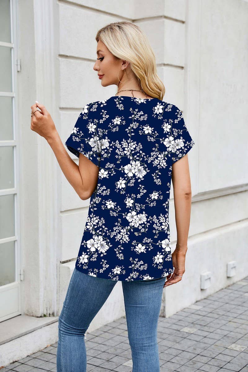 Cwtbls1742_Printed Crew Neck Loose Short Sleeve T-Shirt Top